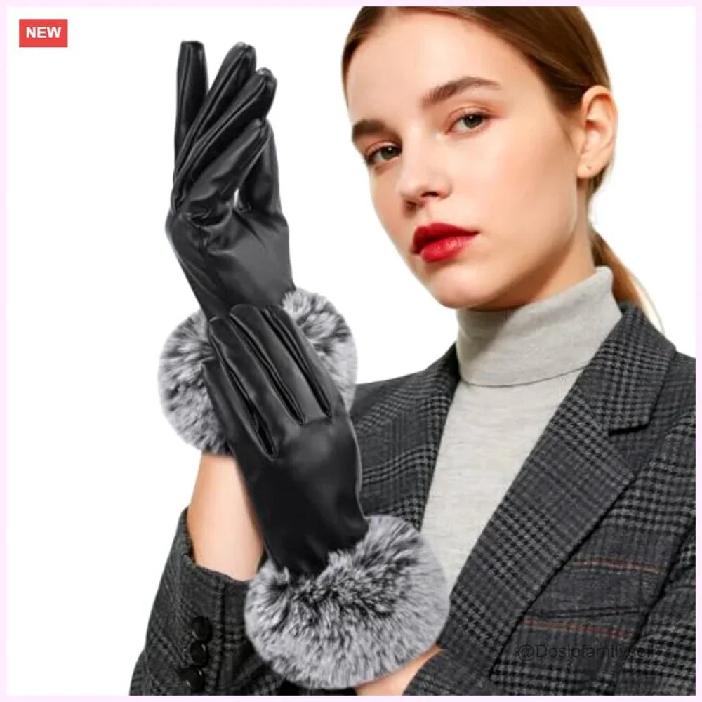 Winter Touchscreen Gloves with Fur Cuff, Warm Driving Texting Gloves